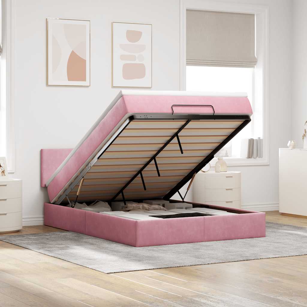 Cadre de lit ottoman avec matelas rose 140x200 cm velours - XIOS