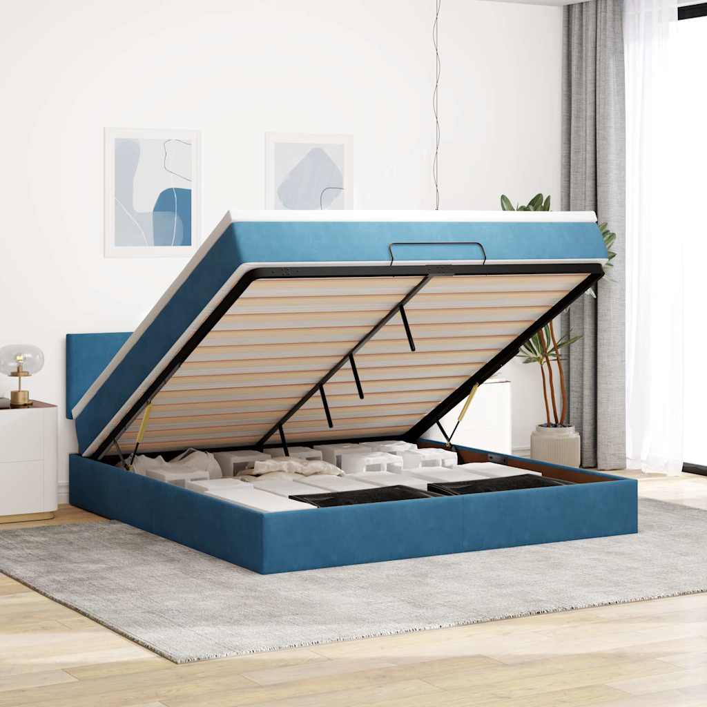 Cadre de lit ottoman avec matelas bleu foncé 160x200 cm velours - XIOS