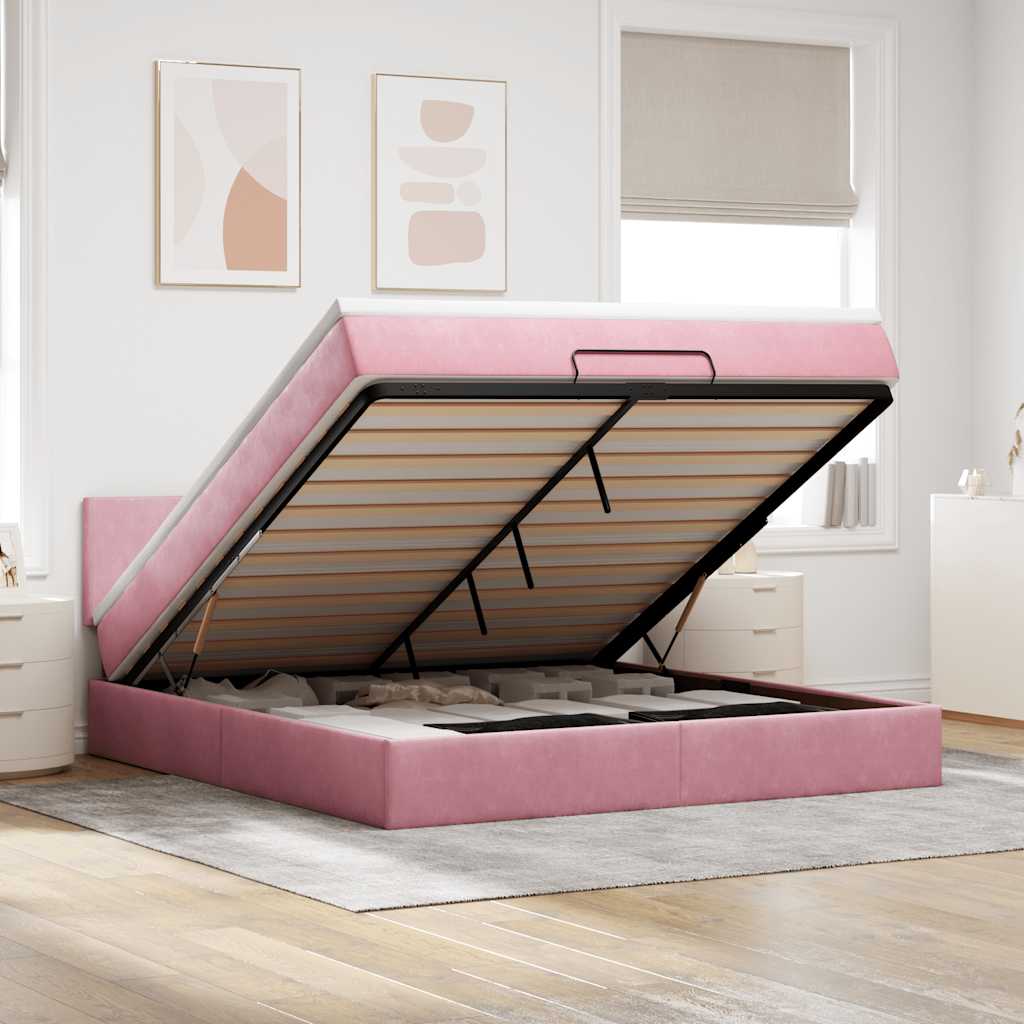 Cadre de lit ottoman avec matelas rose 160x200 cm velours - XIOS