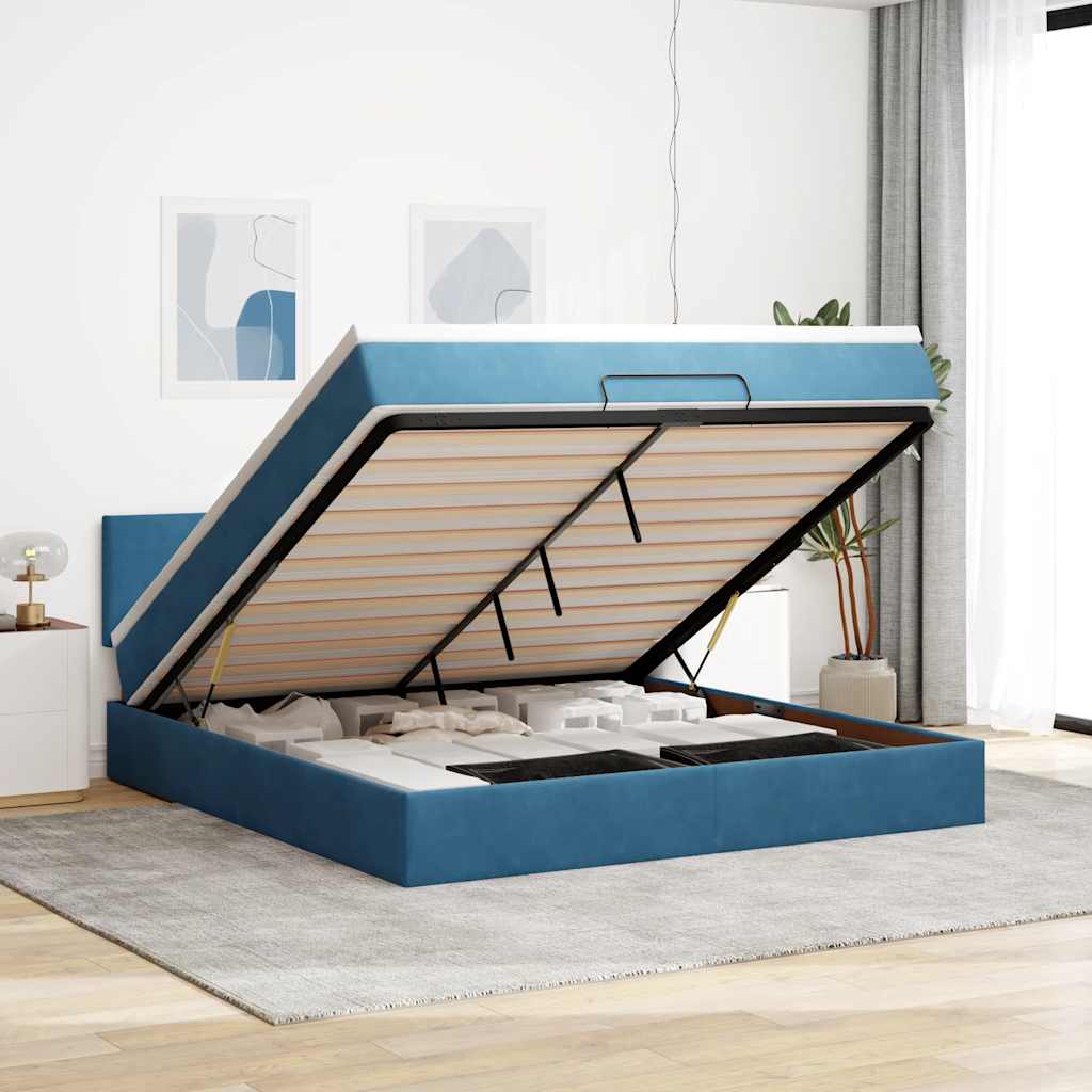 Cadre de lit ottoman avec matelas bleu foncé 180x200 cm velours - XIOS