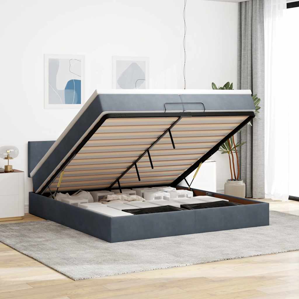 Cadre de lit ottoman avec matelas gris foncé 200x200 cm velours - XIOS