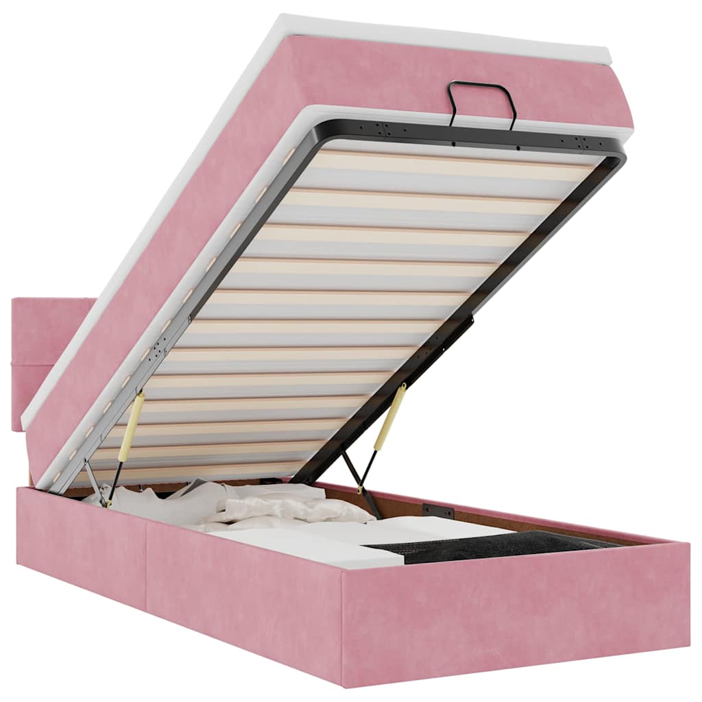 Cadre de lit ottoman avec matelas rose 90x190 cm velours - XIOS