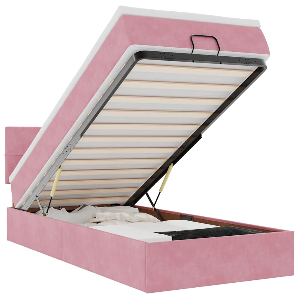 Cadre de lit ottoman avec matelas rose 90x200 cm velours - XIOS
