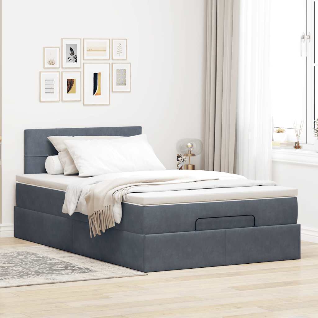 Cadre de lit ottoman et matelas gris foncé 120x200 cm velours - XIOS