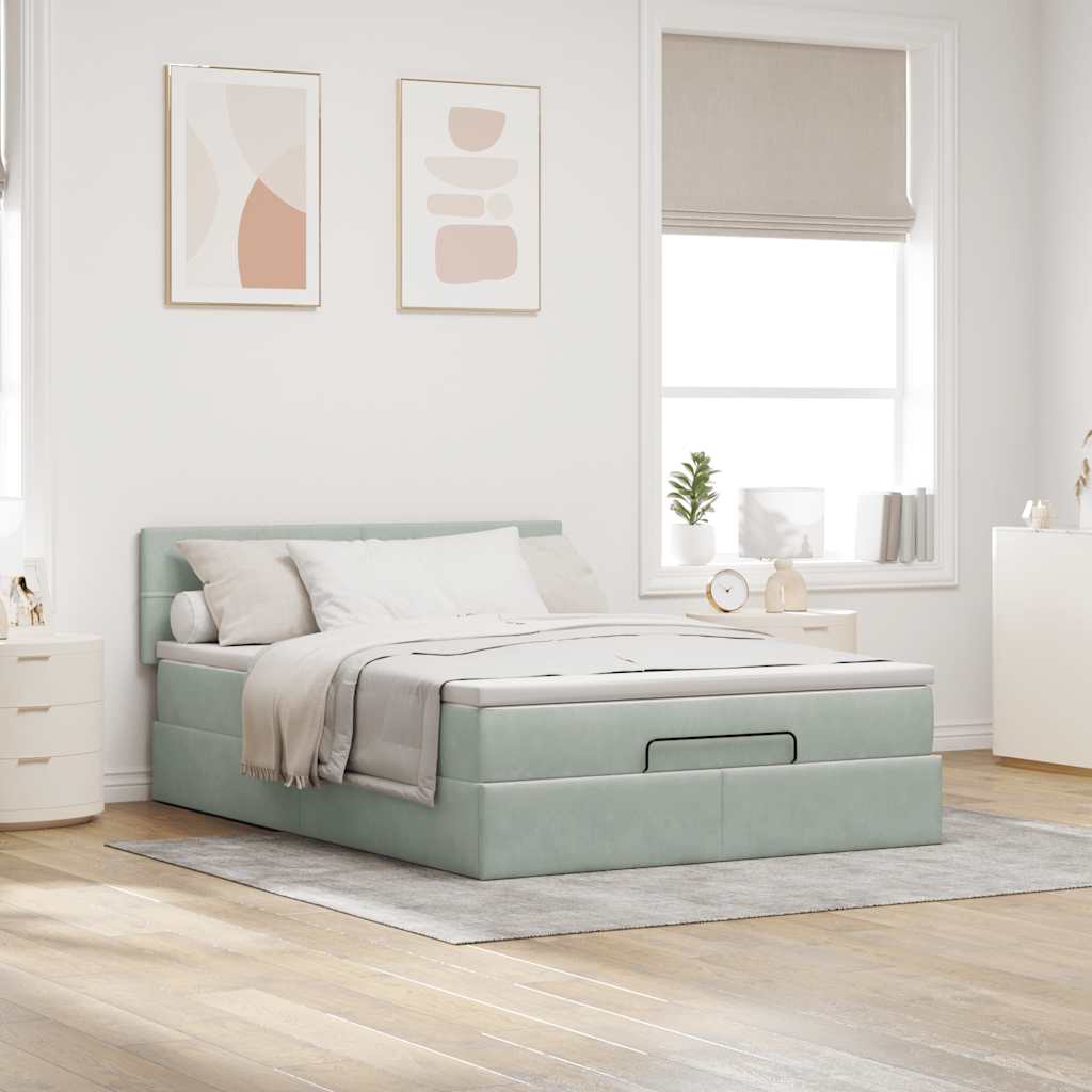 Cadre de lit ottoman et matelas gris clair 140x190 velours - XIOS