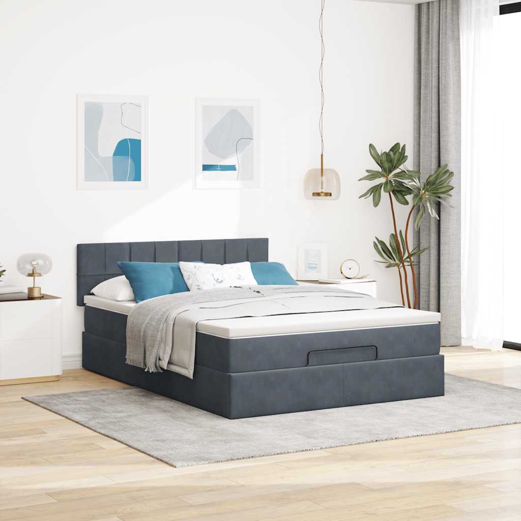 Cadre de lit ottoman avec matelas gris foncé 140x190 cm velours - XIOS
