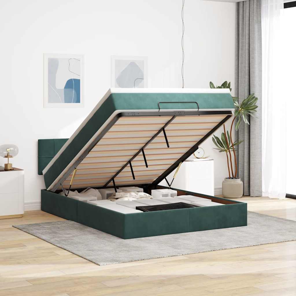 Cadre de lit ottoman avec matelas vert foncé 140x190 cm velours - XIOS