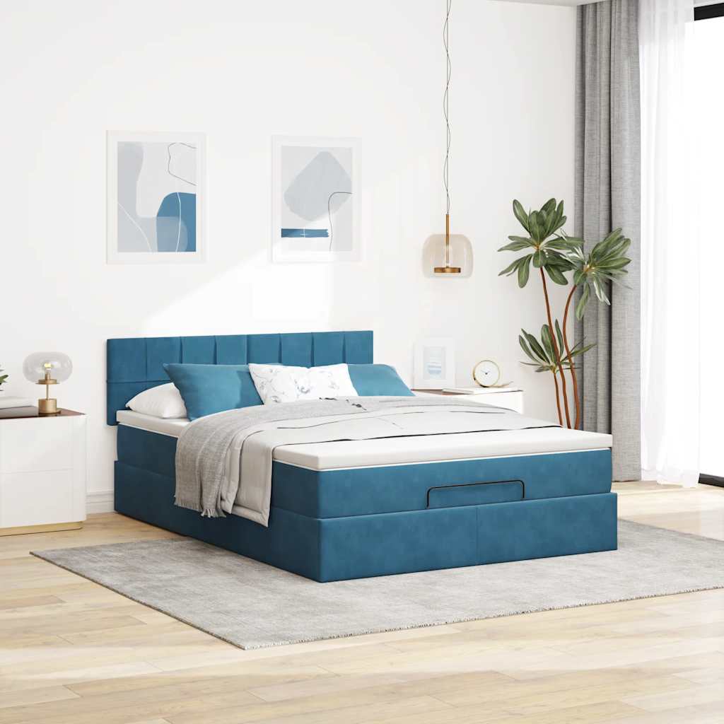 Cadre de lit ottoman avec matelas bleu foncé 140x200 cm velours - XIOS