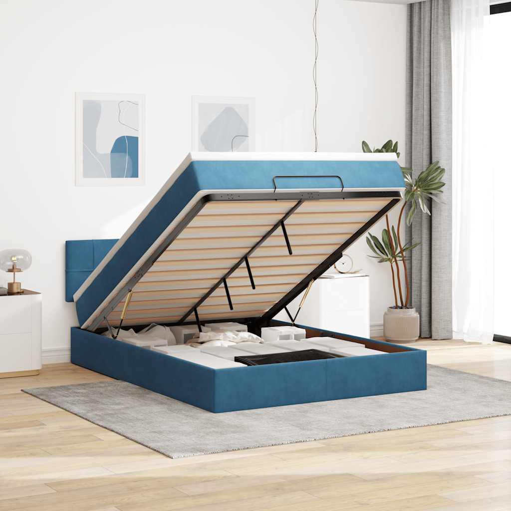 Cadre de lit ottoman avec matelas bleu foncé 140x200 cm velours - XIOS