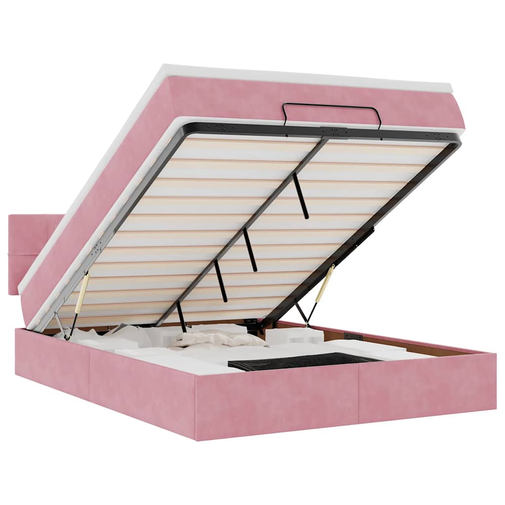 Cadre de lit ottoman avec matelas rose 140x200 cm velours - XIOS
