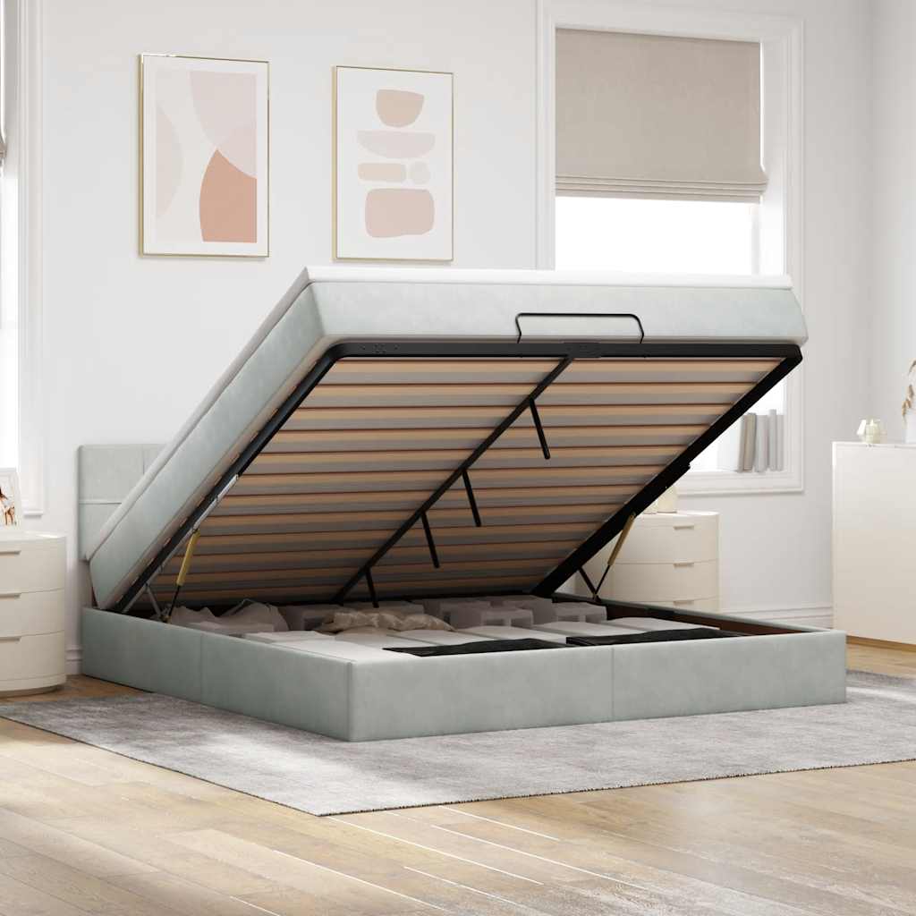 Cadre de lit ottoman avec matelas gris clair 160x200 cm velours - XIOS