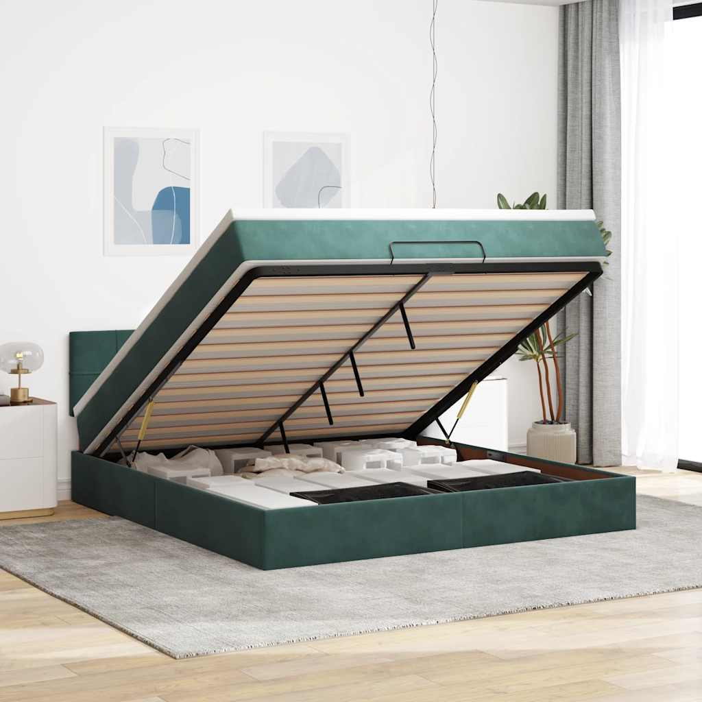 Cadre de lit ottoman avec matelas vert foncé 160x200 cm velours - XIOS
