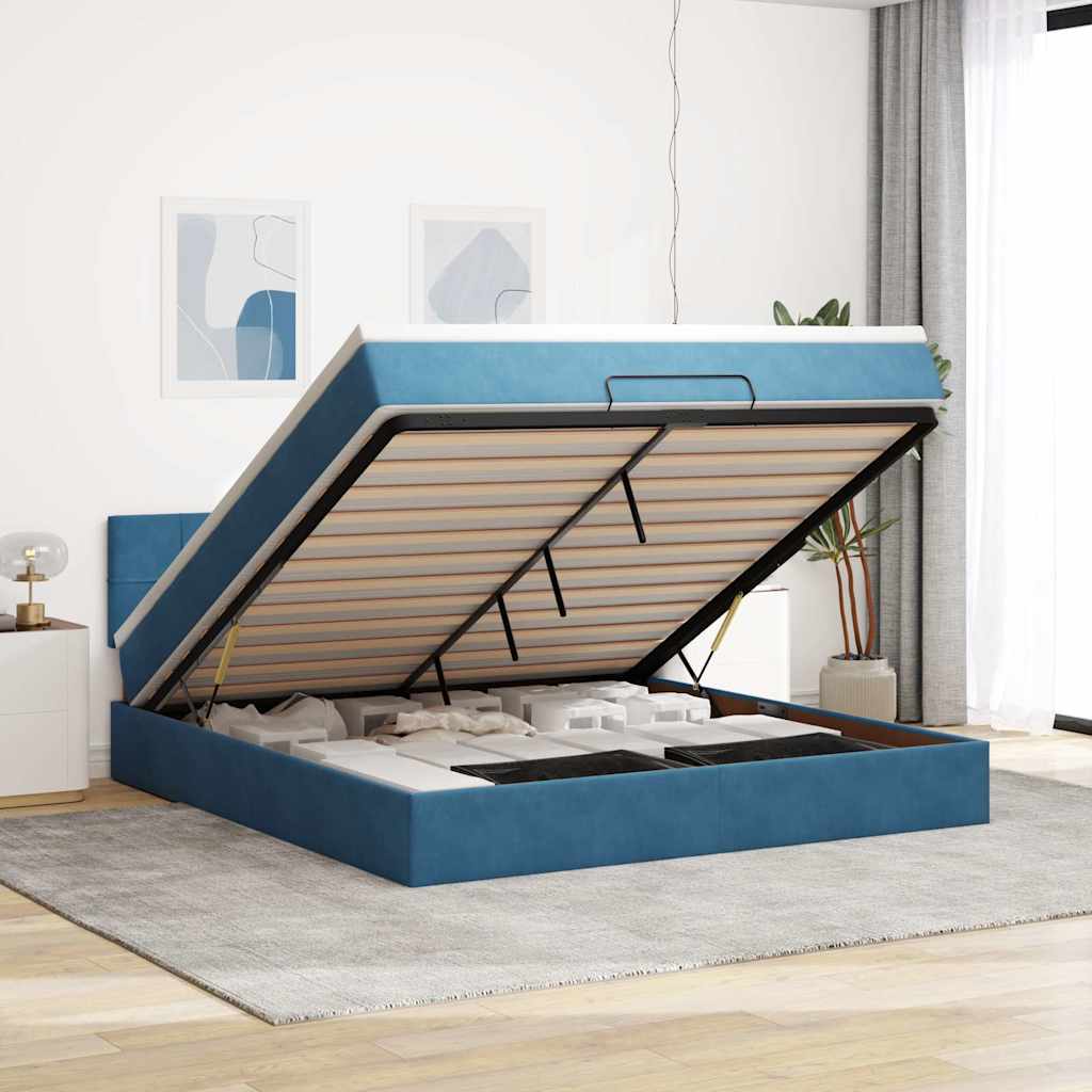 Cadre de lit ottoman avec matelas bleu foncé 160x200 cm velours - XIOS