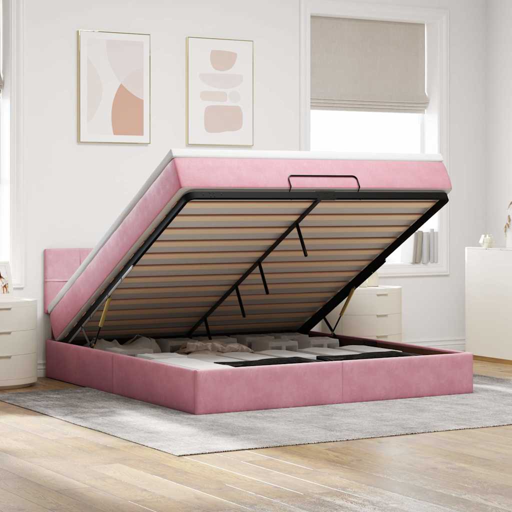 Cadre de lit ottoman avec matelas rose 160x200 cm velours - XIOS