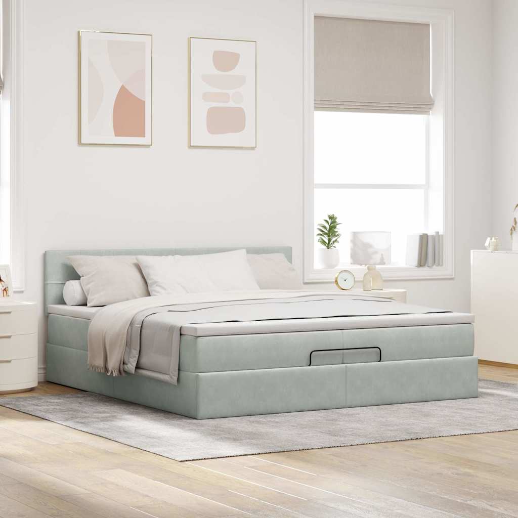 Cadre de lit ottoman avec matelas gris clair 200x200 cm velours - XIOS
