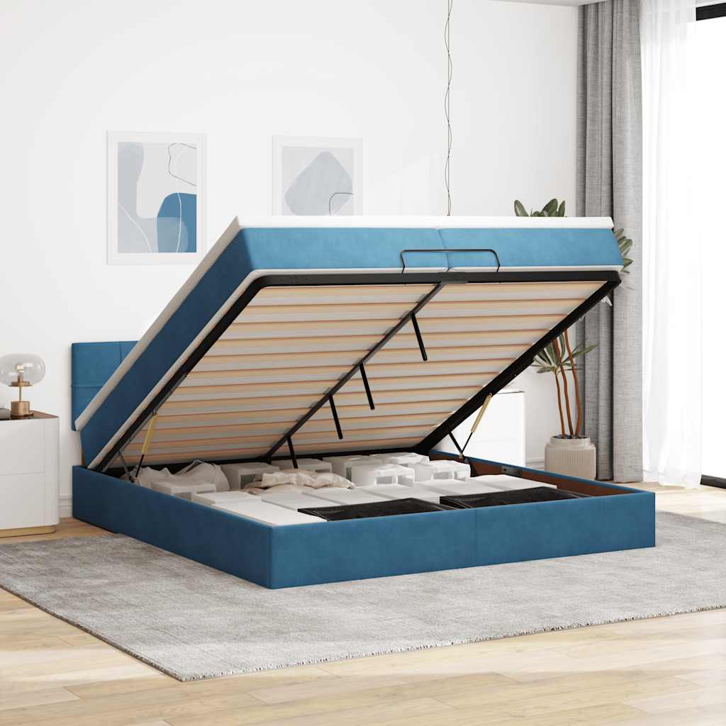 Cadre de lit ottoman avec matelas bleu foncé 200x200 cm velours - XIOS