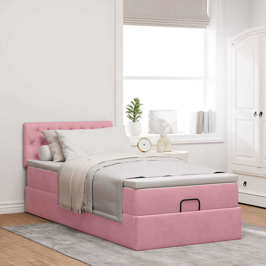 Cadre de lit ottoman avec matelas rose 90x200 cm velours - XIOS