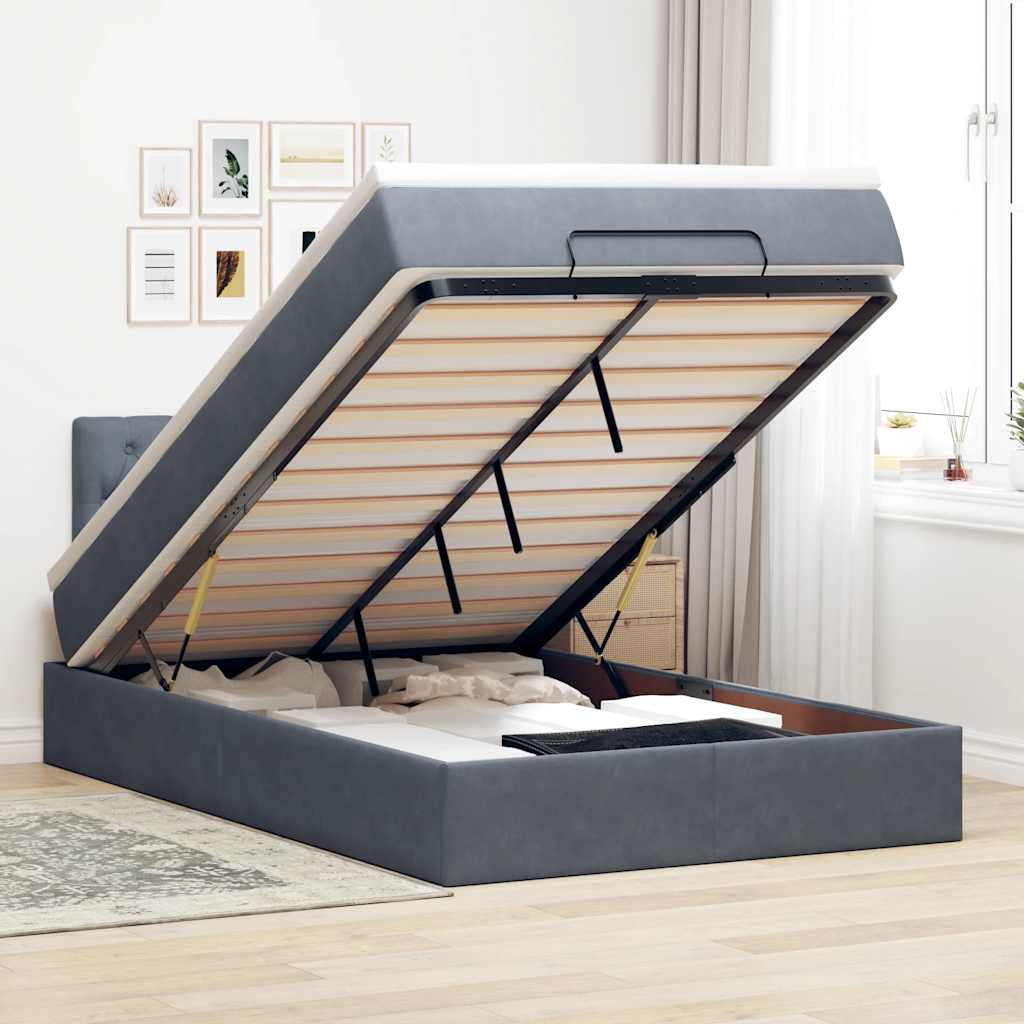 Cadre de lit ottoman et matelas gris foncé 120x200 cm velours - XIOS