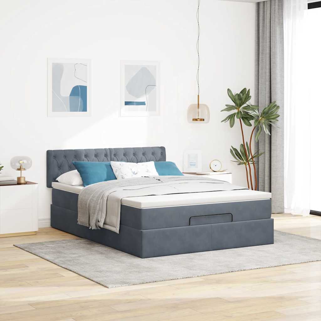 Cadre de lit ottoman avec matelas gris foncé 140x190 cm velours - XIOS