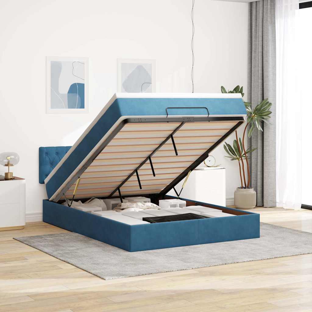 Cadre de lit ottoman avec matelas bleu foncé 140x190 cm velours - XIOS