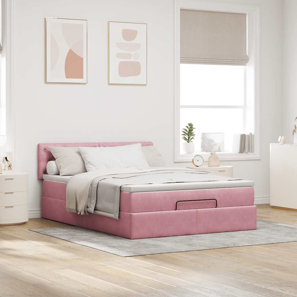 Cadre de lit ottoman avec matelas rose 140x190 cm velours - XIOS