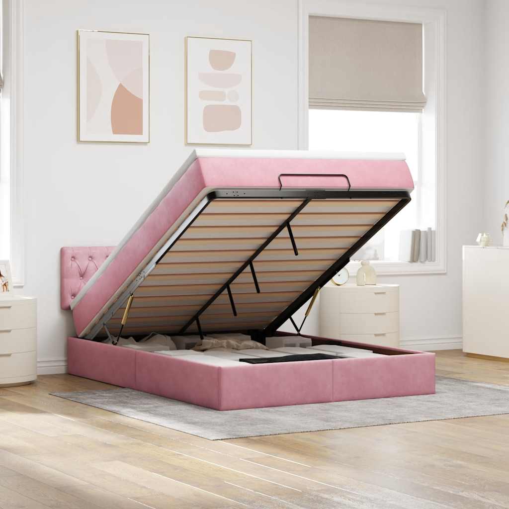 Cadre de lit ottoman avec matelas rose 140x190 cm velours - XIOS