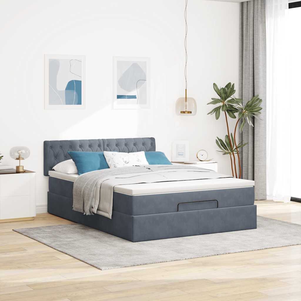 Cadre de lit ottoman avec matelas gris foncé 140x200 cm velours - XIOS