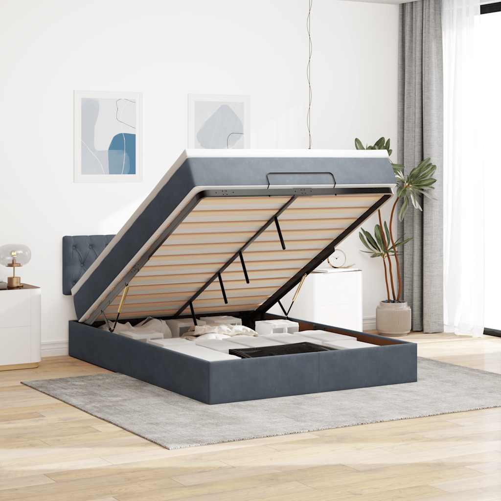 Cadre de lit ottoman avec matelas gris foncé 140x200 cm velours - XIOS