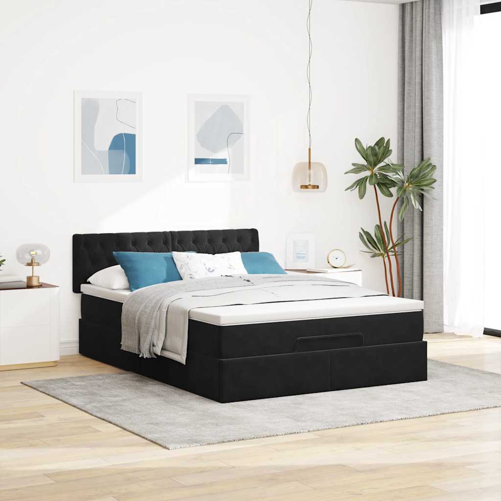 Cadre de lit ottoman avec matelas noir 140x200 cm velours - XIOS