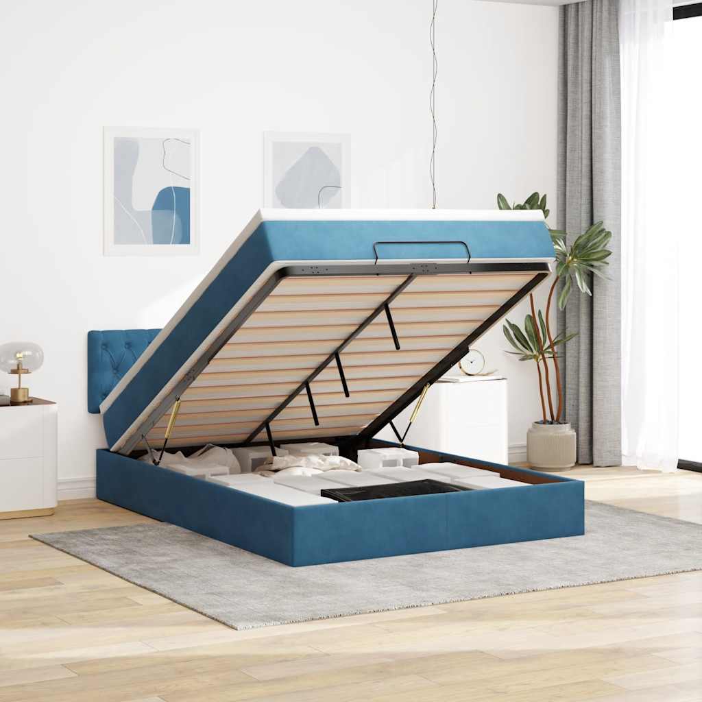 Cadre de lit ottoman avec matelas bleu foncé 140x200 cm velours - XIOS