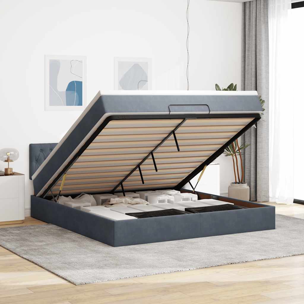 Cadre de lit ottoman avec matelas gris foncé 160x200 cm velours - XIOS