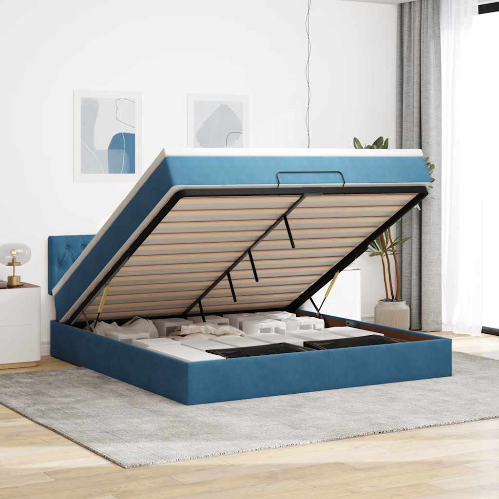 Cadre de lit ottoman avec matelas bleu foncé 160x200 cm velours - XIOS