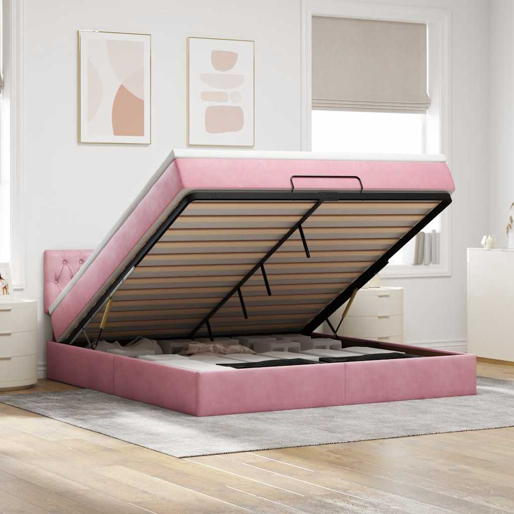 Cadre de lit ottoman avec matelas rose 160x200 cm velours - XIOS