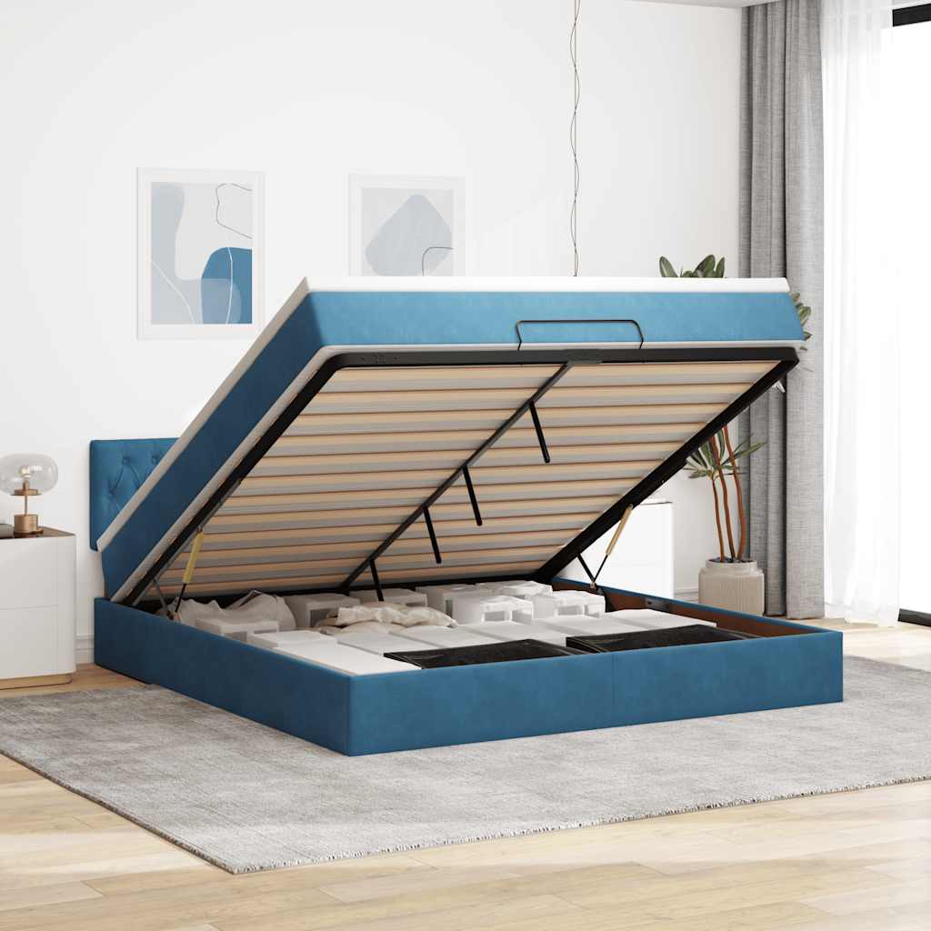 Cadre de lit ottoman avec matelas bleu foncé 180x200 cm velours - XIOS