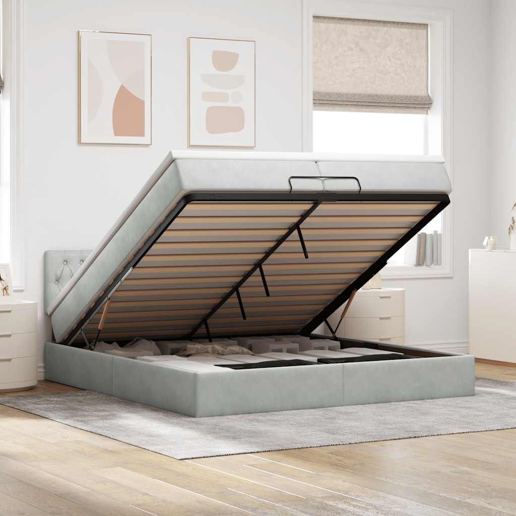 Cadre de lit ottoman avec matelas gris clair 200x200 cm velours - XIOS
