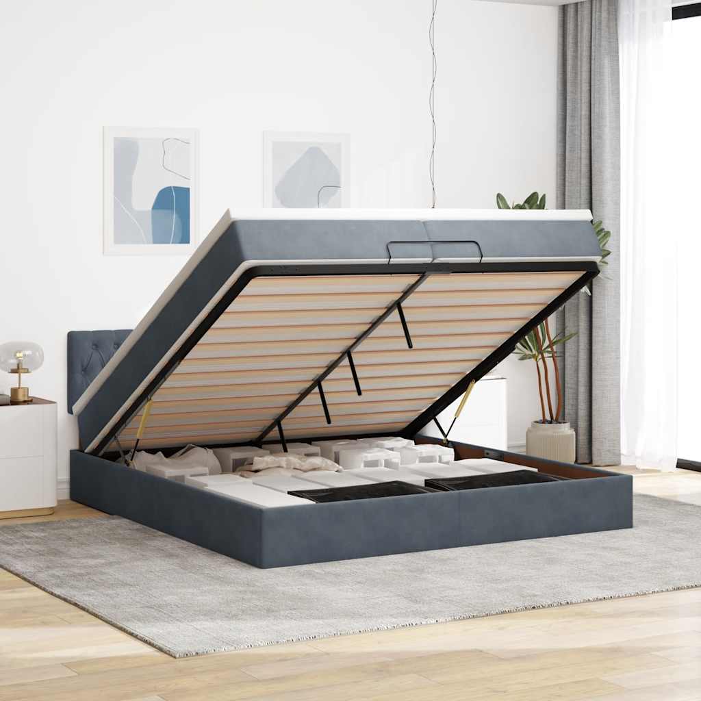 Cadre de lit ottoman avec matelas gris foncé 200x200 cm velours - XIOS