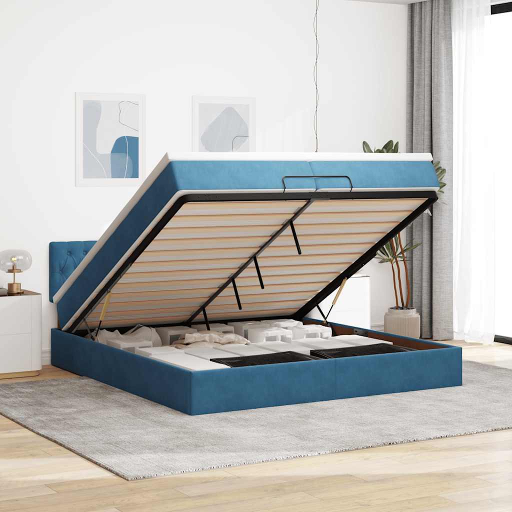Cadre de lit ottoman avec matelas bleu foncé 200x200 cm velours - XIOS