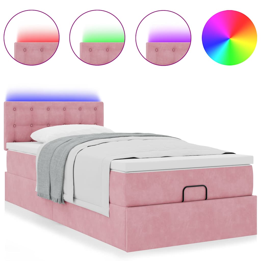 Lit ottoman avec matelas et LED rose 80x200cm velours - XIOS