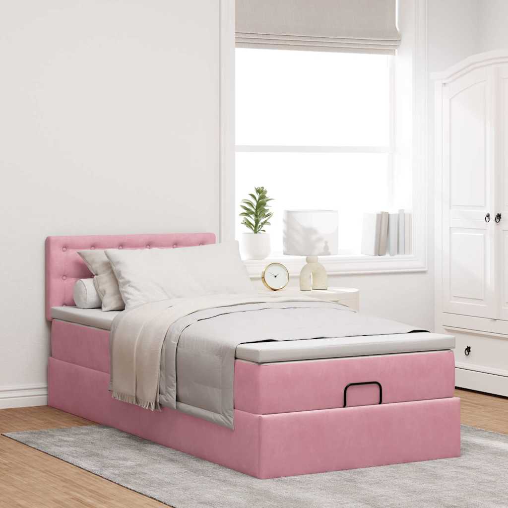 Cadre de lit ottoman avec matelas rose 90x200 cm velours - XIOS