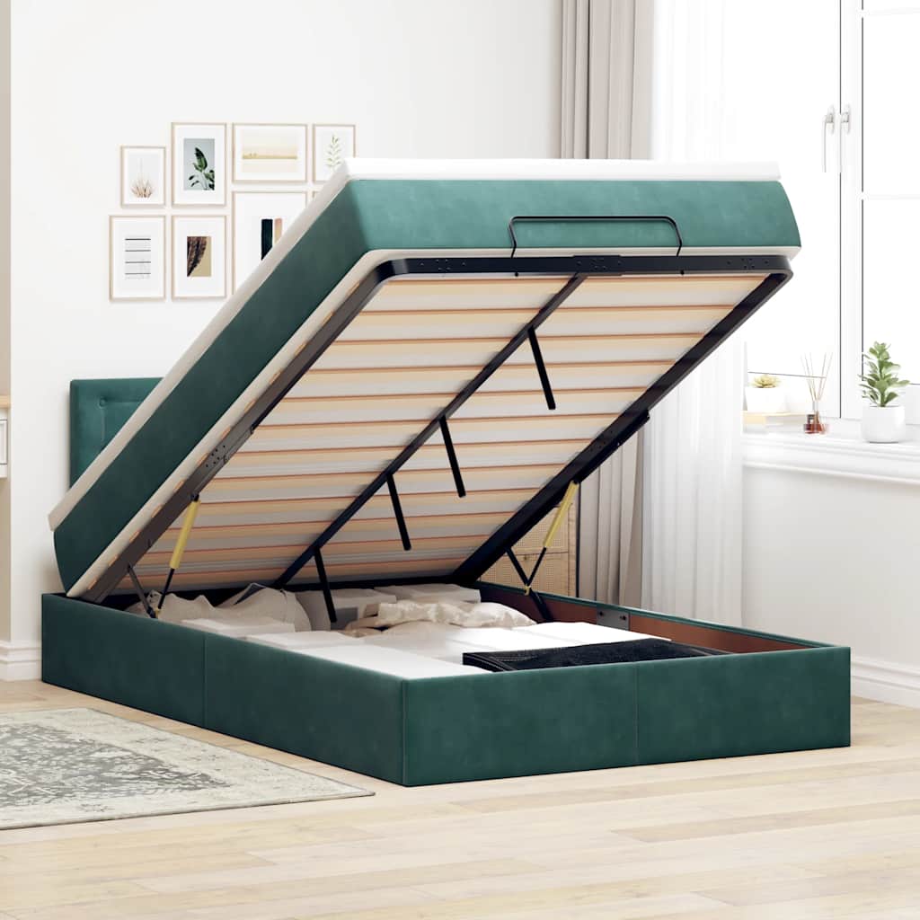 Lit ottoman avec matelas et LED vert foncé 90x200cm velours - XIOS