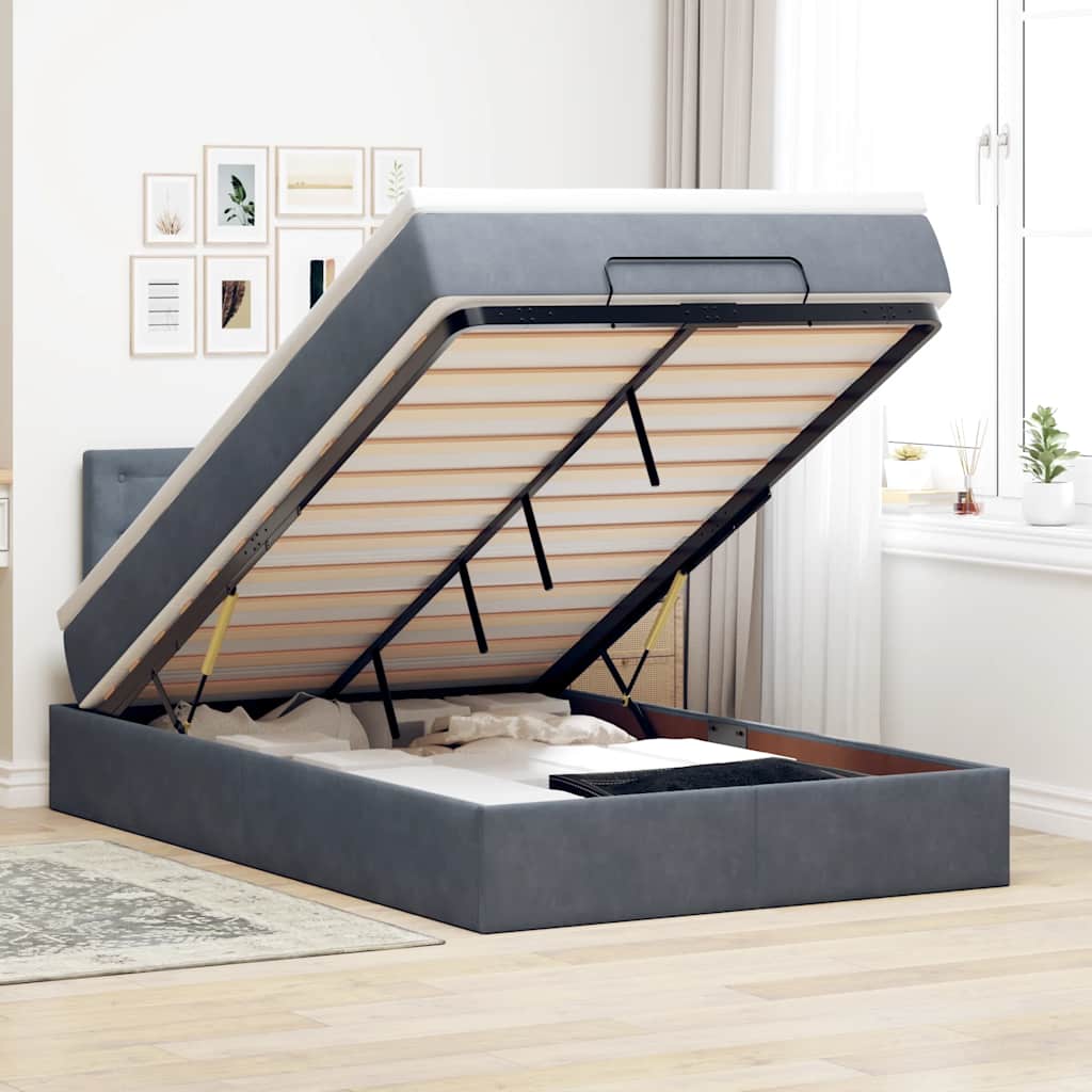 Cadre de lit ottoman et matelas gris foncé 120x200 cm velours - XIOS