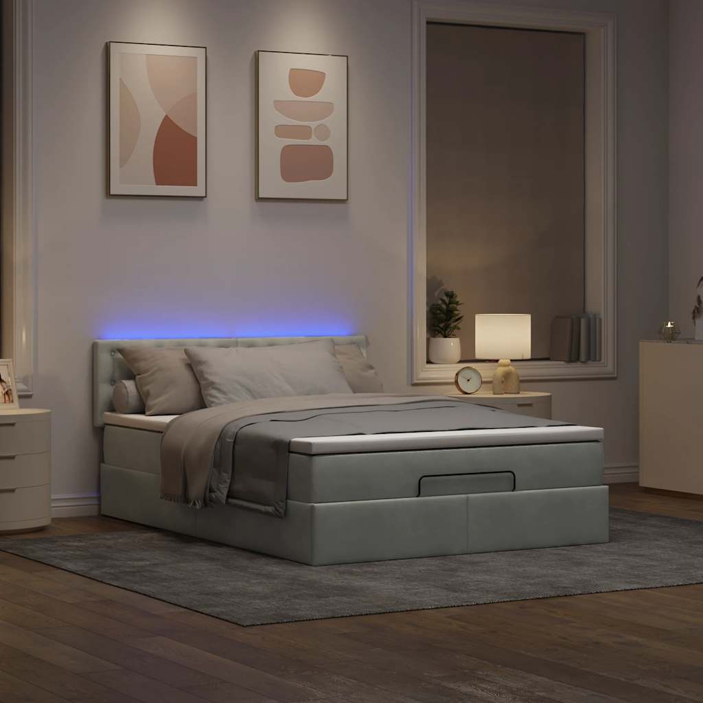Cadre de lit ottoman et matelas gris clair 140x190 velours - XIOS