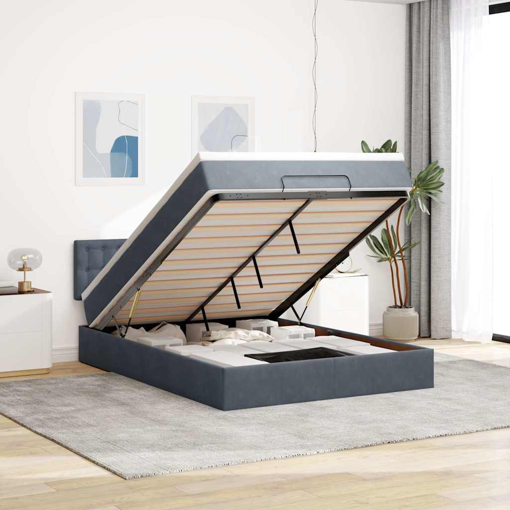 Cadre de lit ottoman avec matelas gris foncé 140x190 cm velours - XIOS