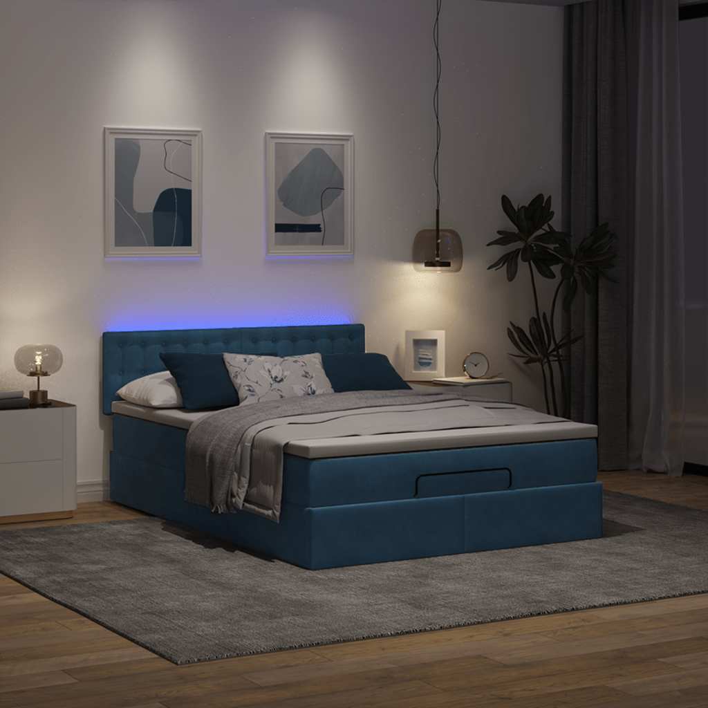 Cadre de lit ottoman avec matelas bleu foncé 140x190 cm velours - XIOS