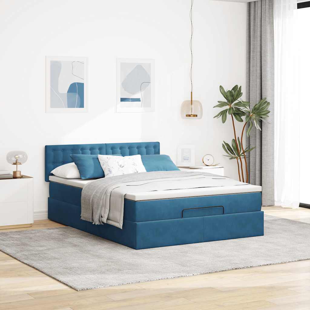 Cadre de lit ottoman avec matelas bleu foncé 140x190 cm velours - XIOS
