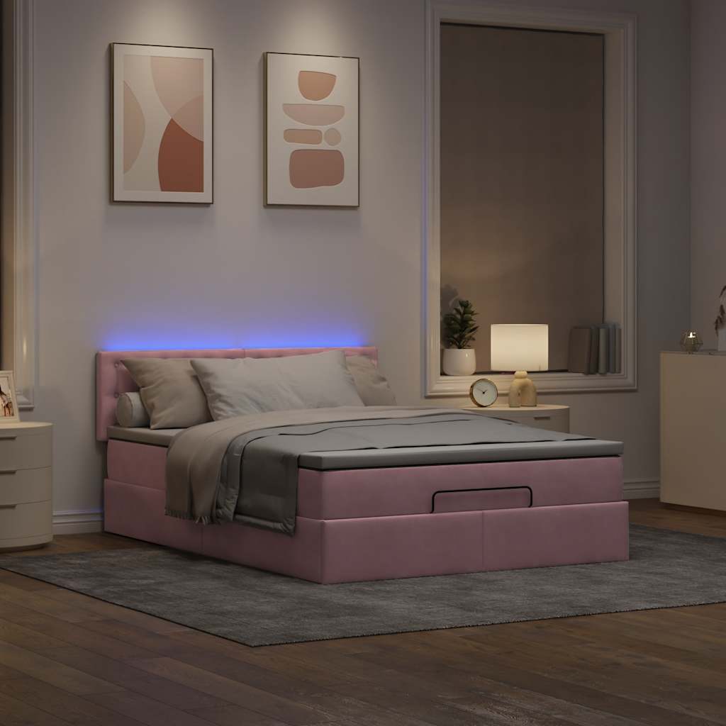Cadre de lit ottoman avec matelas rose 140x190 cm velours - XIOS