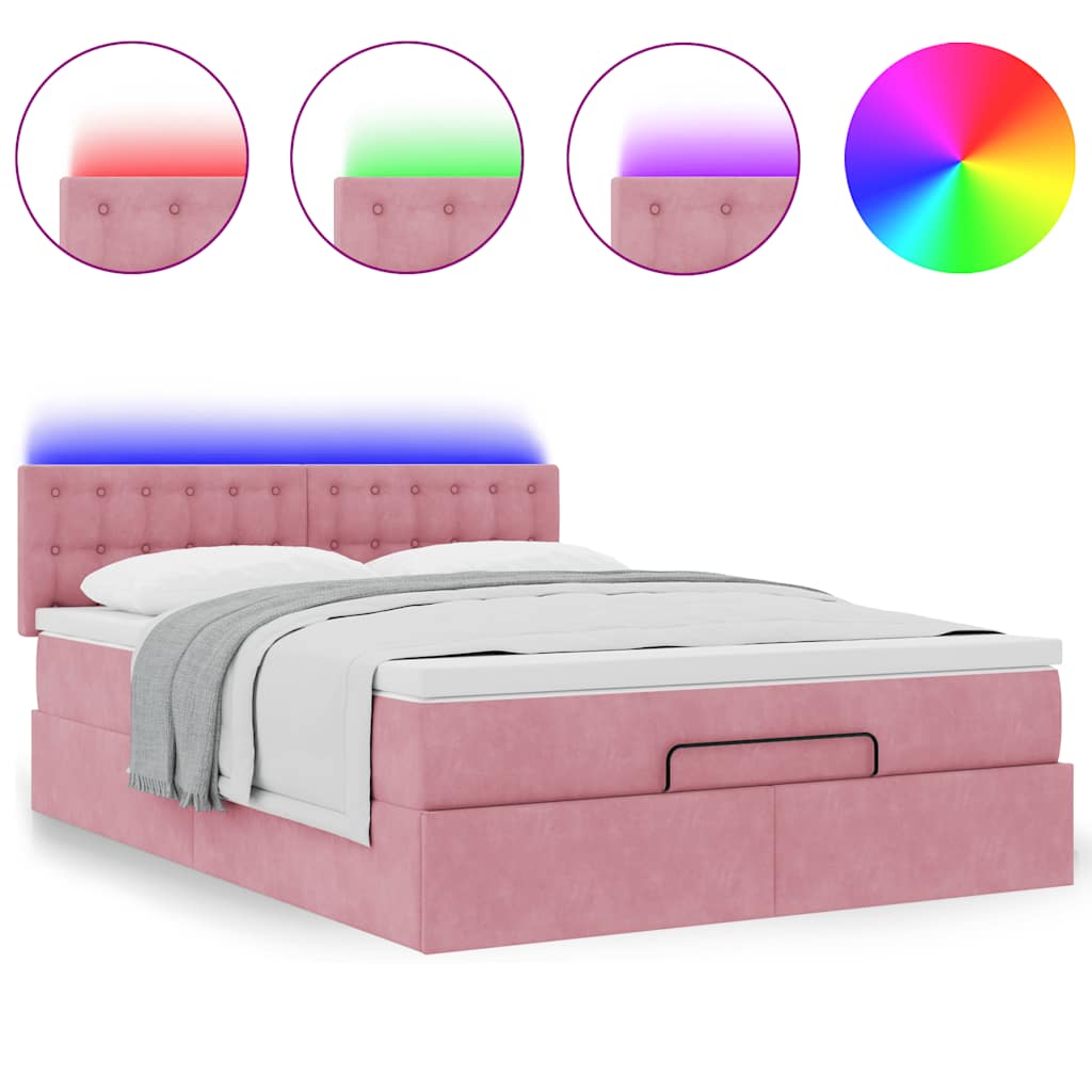 Cadre de lit ottoman avec matelas rose 140x190 cm velours - XIOS