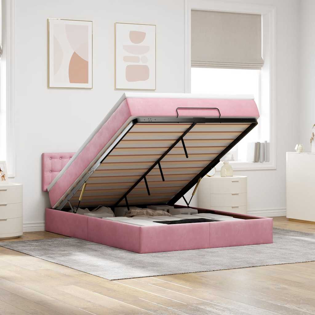 Cadre de lit ottoman avec matelas rose 140x190 cm velours - XIOS