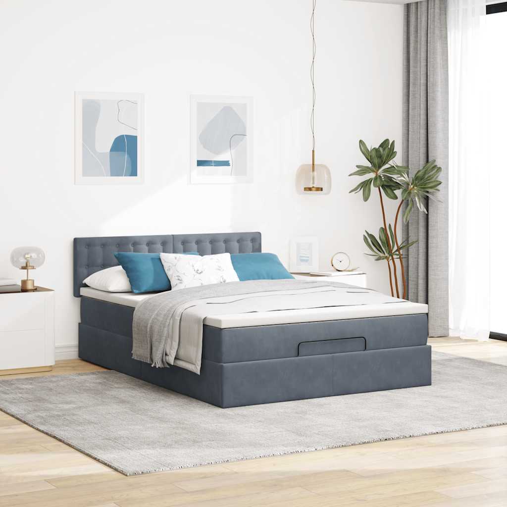Cadre de lit ottoman avec matelas gris foncé 140x200 cm velours - XIOS