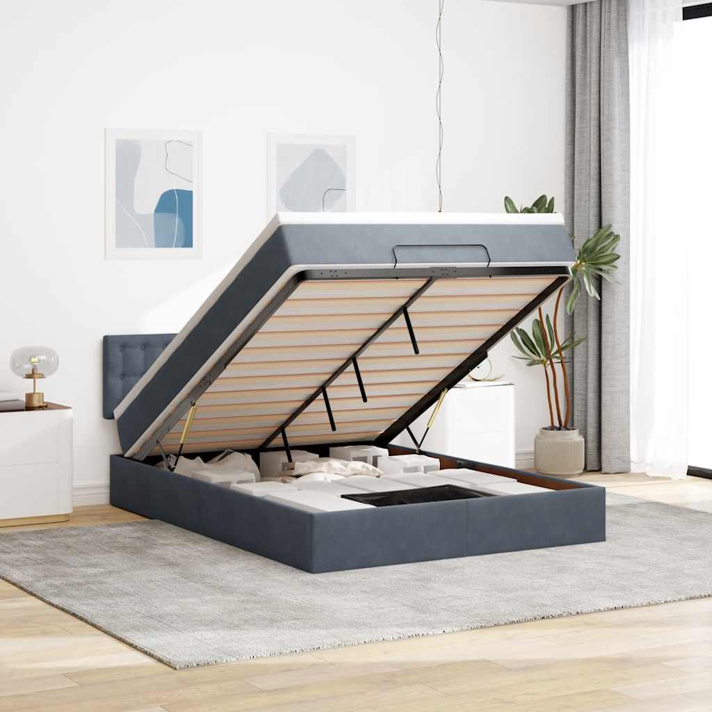 Cadre de lit ottoman avec matelas gris foncé 140x200 cm velours - XIOS
